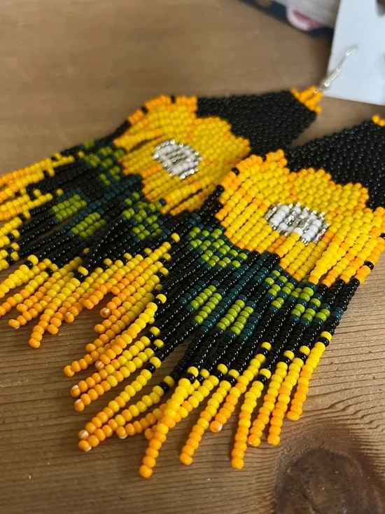 Handmade Beaded Sunflower Fringe Earrings - Yellow & Black - Picture 8 of 13